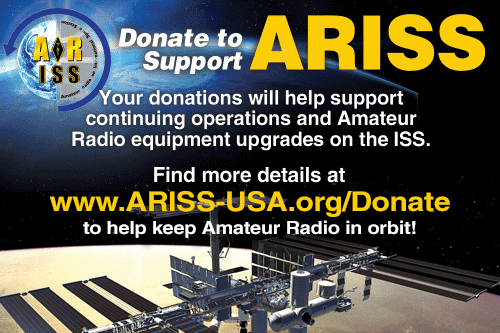 ARISS graphic that asks for donation support with logo and ISS at the bottom.