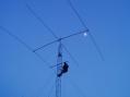 Ken Boyd, K4DXA, climbed our temporary tower by the light of a "Carolina Moon" to install a trapped 75m/40m dipole for Saturday evening's operation. 