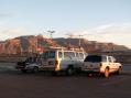 From left:  the Subaru Baja used by N6MU/R and K2MM, the
Ford van used by N6NB/R and W6XD and the Chevy Blazer used
by N6ZZ/R and N2IC.  This photo was taken in Alamogordo, NM near sundown Friday, just before the Blazer was outfitted with a 10-band station and antenna stack.