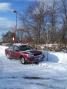 Here is WB2AMU's single operator VHF setup at a hill in Suffolk County, just hours after a major blizzard.  The three element Two Meter Yagi is mounted in an umbrella stand in front of the car and a two element Six Meter Yagi is hanging in the trees at the side of the car.