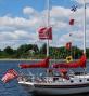 46 foot Ketch Bellerophon proudly flying the ARRL Battle Flag and the Narragansett Bay Amateur Radio Club Call NB1RI with signal flags