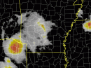 The system brought two rounds of showers and thunderstorms from southwest into central sections of the state during the afternoon and evening hours. In the picture: The satellite showed one area of clouds and precipitation from southwest into central Arkansas during the afternoon of 06/10/2010. This was followed closely by an MCS (Mesoscale Convective System, or large cluster of showers and thunderstorms) by evening. [Map courtesy of the National Weather Service, Little Rock]