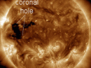 Solar wind flowing from the indicated coronal hole should reach Earth on June 15-16. [Photo courtesy of AIA]
