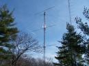 This is the ten meter antenna with two added ring rotators, new this Fall. It really made the setup much more versatile. The tower is 70 ft high. The yagis are home brewed and are about 30 ft long.