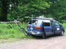 Partially assembled mast leaned over using the roof mounted winch. 