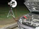 Modified jumper cables power the rig. A neater solution is needed! 