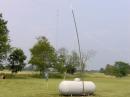 This is the third field day for my Antennas West coax fed carolina windom.  This is the short end running off to the right and the feedpoint.  Feedpoint is only up about 28 feet.  Antenna ends are about the same height or slightly higher.  With this orientation, we are definitely doing NVIS propagation.  This antenna and a Yaesu FT900AT were used for SSB contacts on 10m, 15m, and 40m.