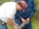 Eric Weber (KC0AHK) and Bob Musil (KA0BTY) attach guy ropes to a push-up monopole.