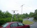 Here is the trio of antennas that I used during the contest: A three-element Six Meter Yagi up 15 feet in an umbrella stand, a three-element Two Meter Yagi up about eight feet on my car roof (also used on 432 MHz) and a 1/4 wave vertical whip on a mag mount on the roof of the car.