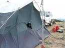 The 2m yagi blew over tearing a large hole in the back of the tent.  The wind is buffeting the tent in this picture.