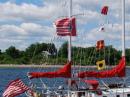 46 foot Ketch Bellerophon proudly flying the ARRL Battle Flag and the Narragansett Bay Amateur Radio Club Call NB1RI with signal flags