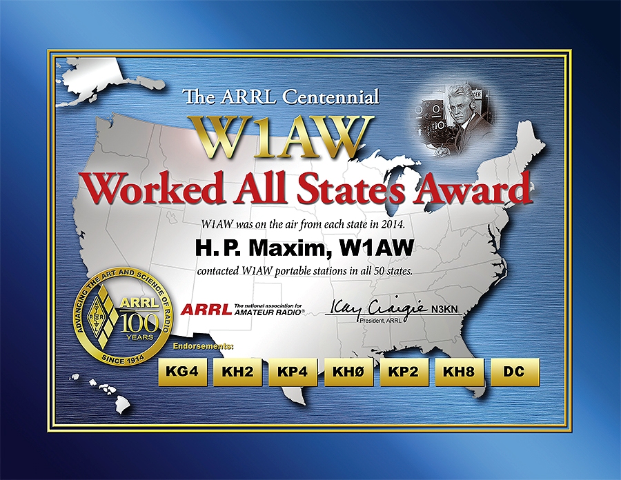 ARRL Centennial Points Challenge, W1AW WAS Awards Application Window Open